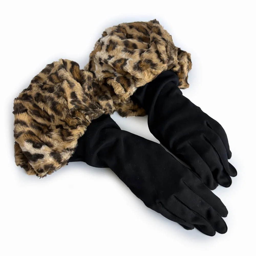 Vintage Early 90s Norma Kamali Faux Leopard Fur Cuff Gloves Retro Glam Rare